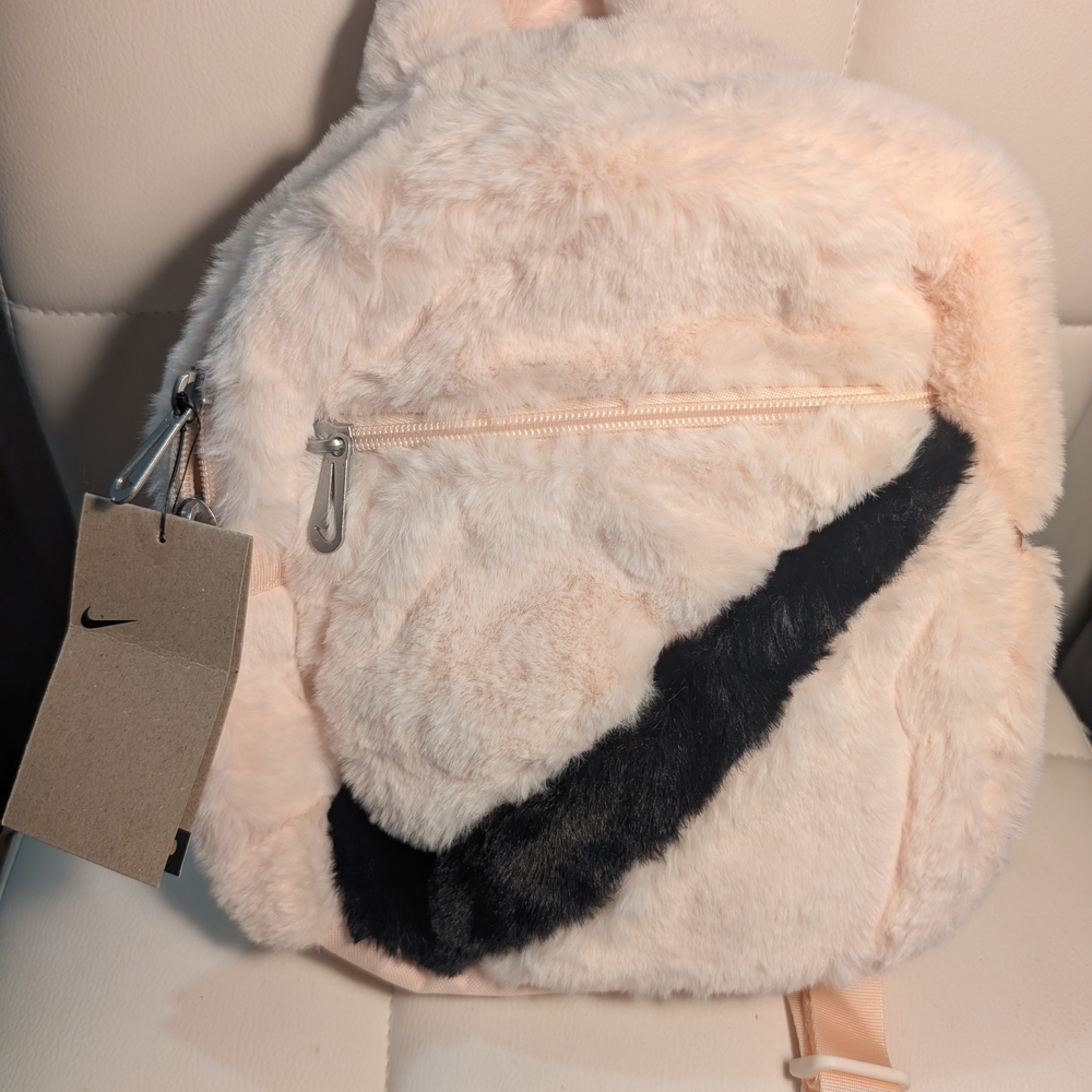 Nike Women's Ivory Faux Fur Mini Backpack with Black Nike Swoosh